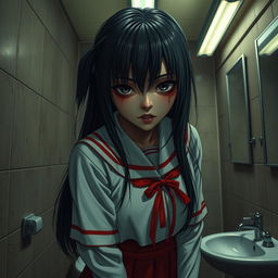 A hyper-realistic depiction of Hanako-san as a terrifying figure, wearing a traditional Japanese schoolgirl uniform with a striking red skirt