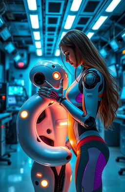 A futuristic scene featuring a woman interacting with a c-shaped robot