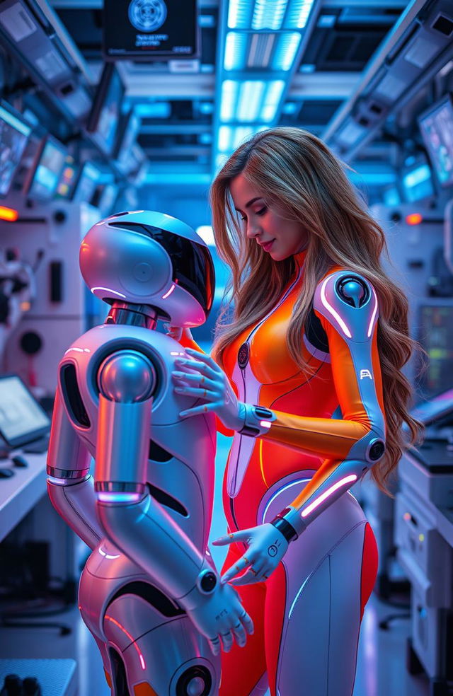 A futuristic scene featuring a woman interacting with a c-shaped robot