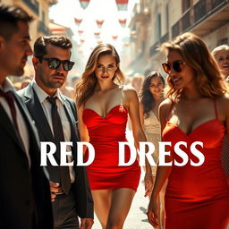 A thrilling and captivating scene set in sunny Italy, showcasing a beautiful woman in a short red dress that stands out boldly