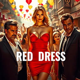 A thrilling and captivating scene set in sunny Italy, showcasing a beautiful woman in a short red dress that stands out boldly