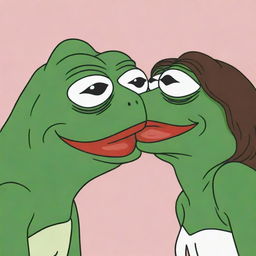 Pepe the Frog and his girlfriend, both in cartoon styles, share a sweet and innocent kiss.