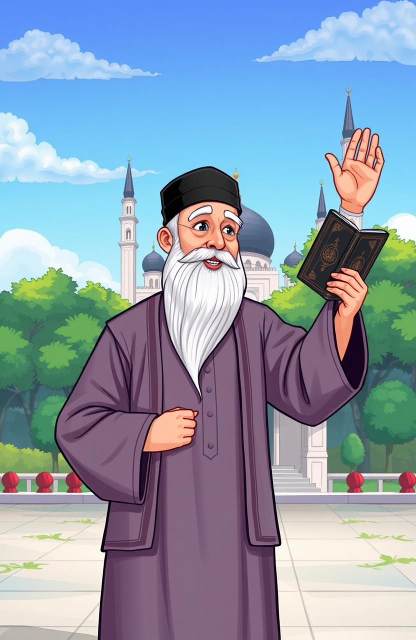 An illustration of a Kyai, dressed in traditional Islamic attire, standing in a serene environment, holding a Quran in one hand while gesturing towards the sky with the other hand