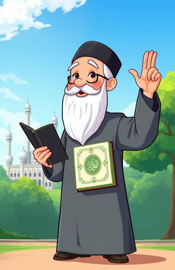 An illustration of a Kyai, dressed in traditional Islamic attire, standing in a serene environment, holding a Quran in one hand while gesturing towards the sky with the other hand