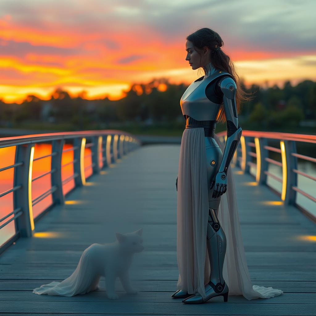 A poignant scene of a woman standing on a bridge alongside a unique robot that has a c-shaped body and is designed without arms and legs