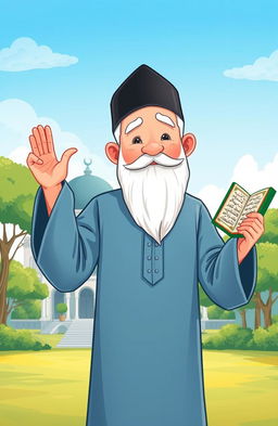 An illustration of a Kyai, dressed in traditional Islamic attire, standing in a serene environment, holding a Quran in one hand while gesturing towards the sky with the other hand