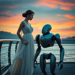 A poignant scene of a woman standing on a bridge alongside a unique robot that has a c-shaped body and is designed without arms and legs