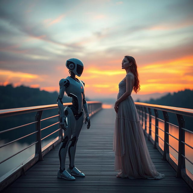 A poignant scene of a woman standing on a bridge alongside a unique robot that has a c-shaped body and is designed without arms and legs