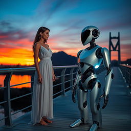 A poignant scene of a woman standing on a bridge alongside a unique robot that has a c-shaped body and is designed without arms and legs