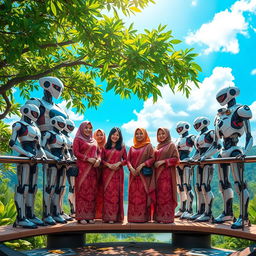 A vibrant scene depicting a group of Indonesian women standing on a beautiful bridge alongside various robots