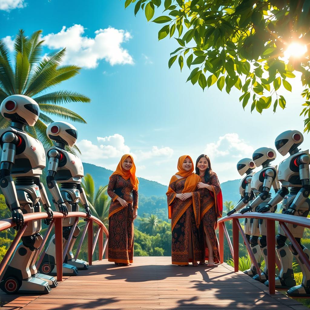 A vibrant scene depicting a group of Indonesian women standing on a beautiful bridge alongside various robots