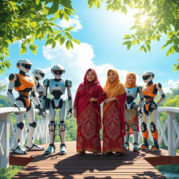 A vibrant scene depicting a group of Indonesian women standing on a beautiful bridge alongside various robots