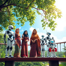 A vibrant scene depicting a group of Indonesian women standing on a beautiful bridge alongside various robots