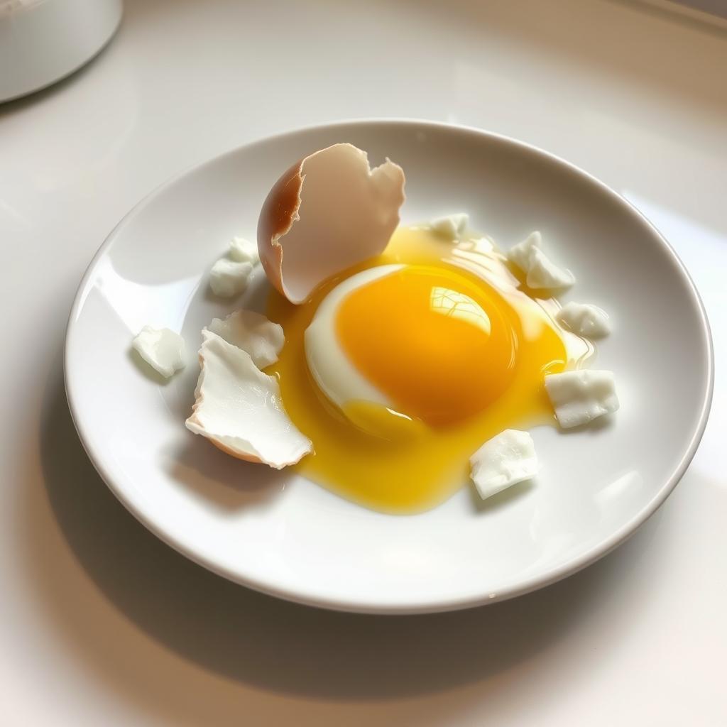 A broken egg on a plate, with the shell in fragments surrounding the yellow yolk and clear egg white, creating a visually interesting and appetizing scene