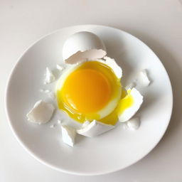 A broken egg on a plate, with the shell in fragments surrounding the yellow yolk and clear egg white, creating a visually interesting and appetizing scene