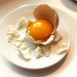 A broken egg on a plate, with the shell in fragments surrounding the yellow yolk and clear egg white, creating a visually interesting and appetizing scene