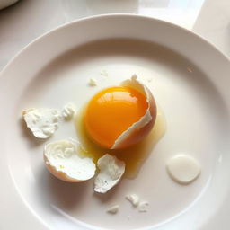 A broken egg on a plate, with the shell in fragments surrounding the yellow yolk and clear egg white, creating a visually interesting and appetizing scene