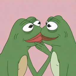 Pepe the Frog and his girlfriend, both in cartoon styles, share a sweet and innocent kiss.