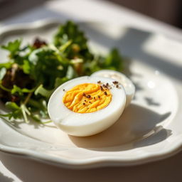 A beautifully arranged plate featuring a halved boiled egg, showcasing its perfectly cooked white and bright yellow yolk