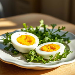 A beautifully arranged plate featuring a halved boiled egg, showcasing its perfectly cooked white and bright yellow yolk