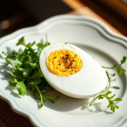 A beautifully arranged plate featuring a halved boiled egg, showcasing its perfectly cooked white and bright yellow yolk