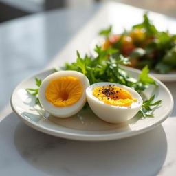 A beautifully arranged plate featuring a halved boiled egg, showcasing its perfectly cooked white and bright yellow yolk