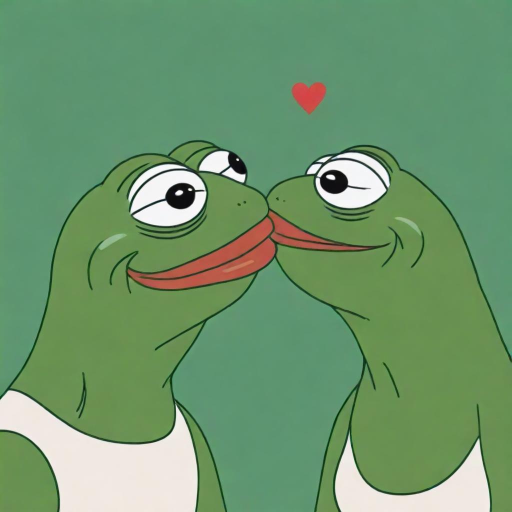 Pepe the Frog and his girlfriend, both in cartoon styles, share a sweet and innocent kiss.