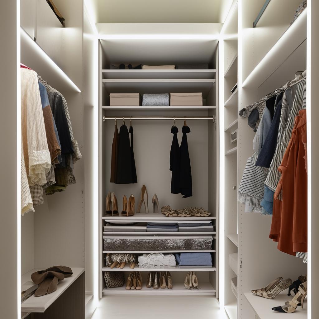 A meticulously organised walk-in closet measuring 3 meters by 1.2 meters, filled with various garments, shoes, and accessories.