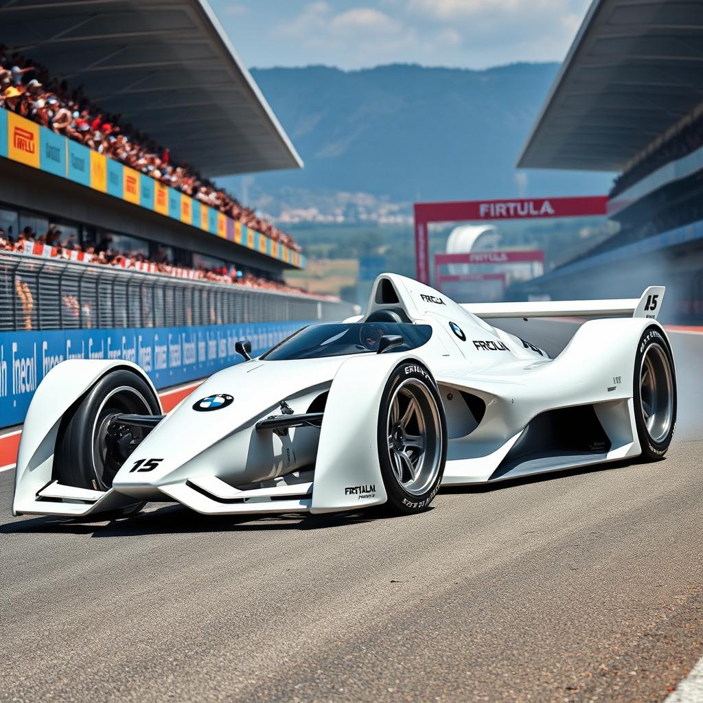 A futuristic white BMW Formula 1 racing car, showcasing an innovative and aerodynamic design tailored for high-speed performance