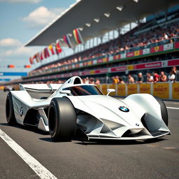 A futuristic white BMW Formula 1 racing car, showcasing an innovative and aerodynamic design tailored for high-speed performance