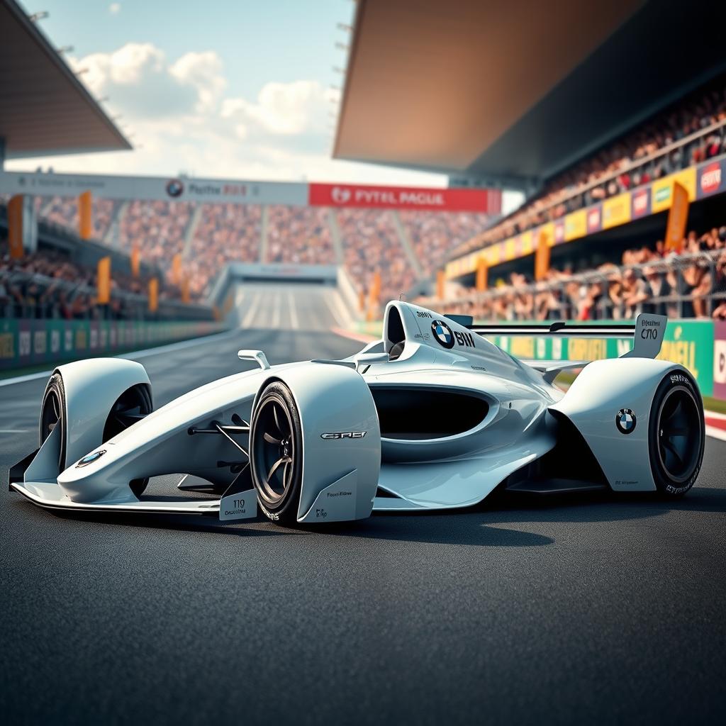 A futuristic white BMW Formula 1 racing car, showcasing an innovative and aerodynamic design tailored for high-speed performance