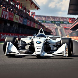 A futuristic white BMW Formula 1 racing car, showcasing an innovative and aerodynamic design tailored for high-speed performance