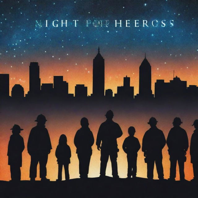 An inspiring poster for 'A Night for the Heroes', showcasing silhouettes of everyday heroes - firefighters, doctors, teachers under a starlit sky. Bold letters above them spell the event name, and glowing city skyline at the bottom.