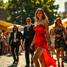 A captivating scene set in Italy, under the bright sun during a lively festival, featuring a beautiful woman in a short red dress that stands out vibrantly