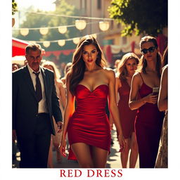 A captivating scene set in Italy during a sunlit festival, showcasing a beautiful woman in a short red dress that draws attention