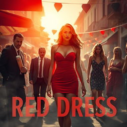 A captivating scene set in Italy during a sunlit festival, showcasing a beautiful woman in a short red dress that draws attention