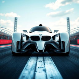 A futuristic white BMW Formula 1 car integrated with rocket elements, showcasing a unique fusion of high-speed racing and rocket technology