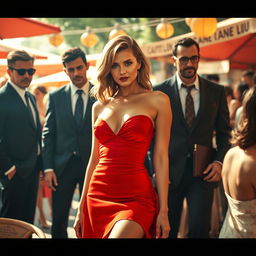 A glamorous scene set in Italy during a sunny festival, featuring a stunning woman in a short red dress that exudes elegance and allure