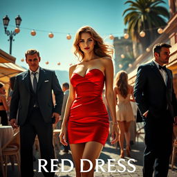 A glamorous scene set in Italy during a sunny festival, featuring a stunning woman in a short red dress that exudes elegance and allure