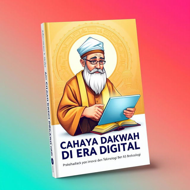 A captivating A5 book cover titled "Cahaya Dakwah di Era Digital: Strategi dan Inovasi di Era Teknologi"