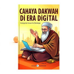 A captivating A5 book cover titled "Cahaya Dakwah di Era Digital: Strategi dan Inovasi di Era Teknologi"