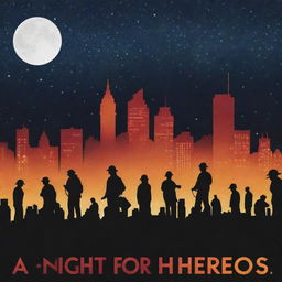 An inspiring poster for 'A Night for the Heroes', showcasing silhouettes of everyday heroes - firefighters, doctors, teachers under a starlit sky. Bold letters above them spell the event name, and glowing city skyline at the bottom.