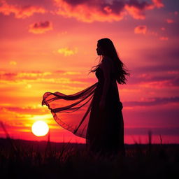 A captivating book cover featuring a beautiful woman standing in silhouette against a stunning sunset