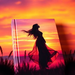 A captivating book cover featuring a beautiful woman standing in silhouette against a stunning sunset