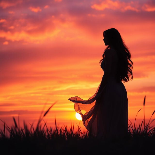 A captivating book cover featuring a beautiful woman standing in silhouette against a stunning sunset