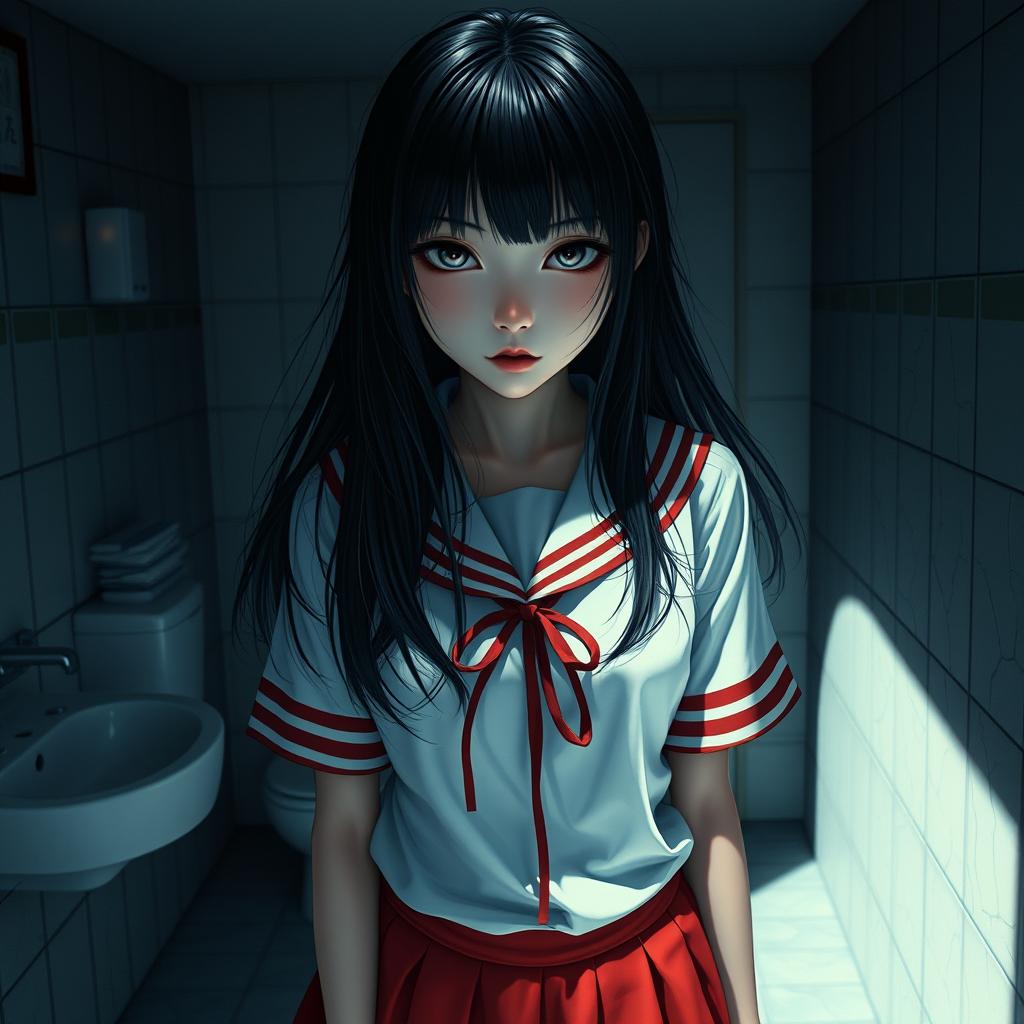 A hyper-realistic full-body depiction of Hanako-san, the terrifying figure from Japanese urban legend, dressed in a traditional schoolgirl uniform with a vibrant red skirt