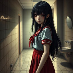 A hyper-realistic full-body depiction of Hanako-san, the terrifying figure from Japanese urban legend, dressed in a traditional schoolgirl uniform with a vibrant red skirt