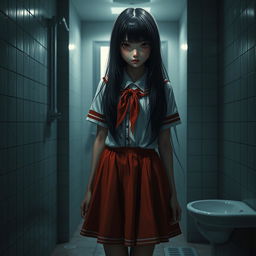 A hyper-realistic full-body depiction of Hanako-san, the terrifying figure from Japanese urban legend, dressed in a traditional schoolgirl uniform with a vibrant red skirt