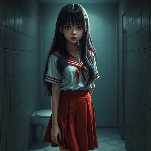 A hyper-realistic full-body depiction of Hanako-san, the terrifying figure from Japanese urban legend, dressed in a traditional schoolgirl uniform with a vibrant red skirt