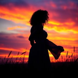 A captivating book cover featuring a beautiful woman with curly hair standing in silhouette against a stunning sunset